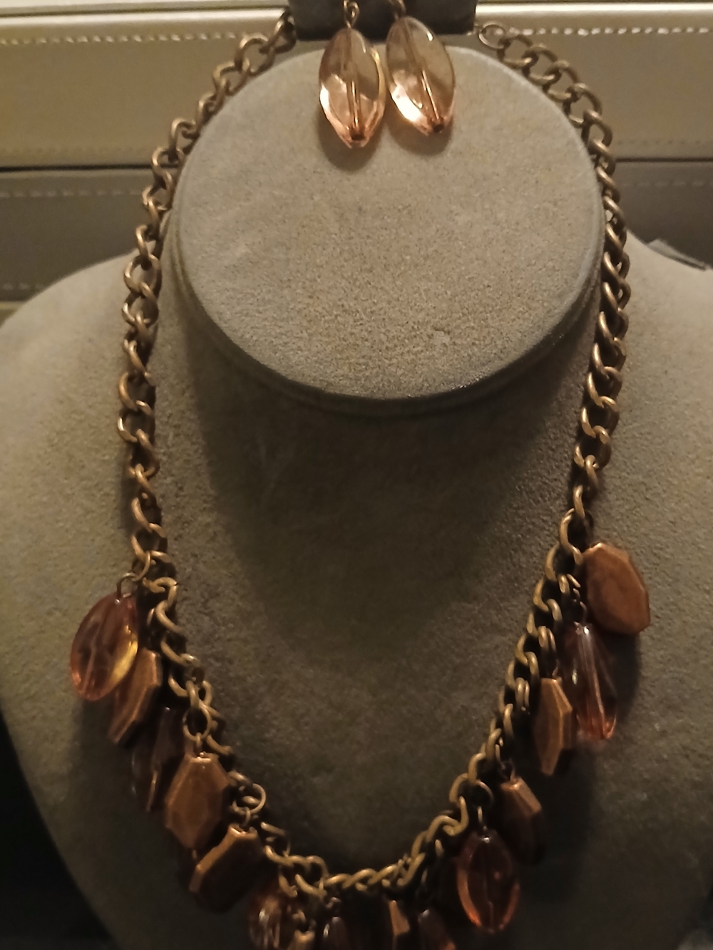 Gold-Tone Brown Crystal Drop Statement Necklace and Earrings Set